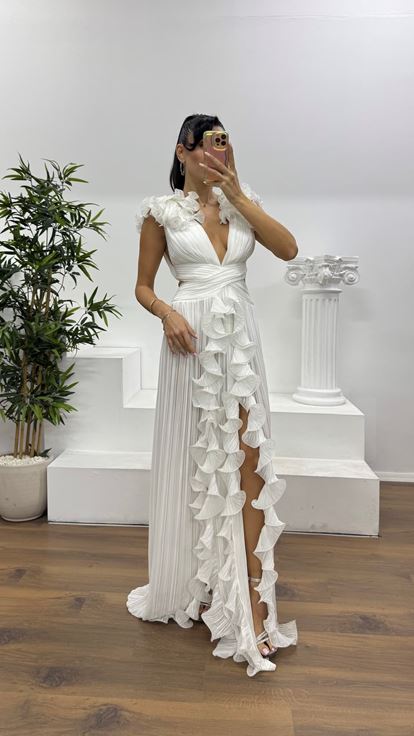 White Pleated Cross Waist Detail Special Design Evening Dress